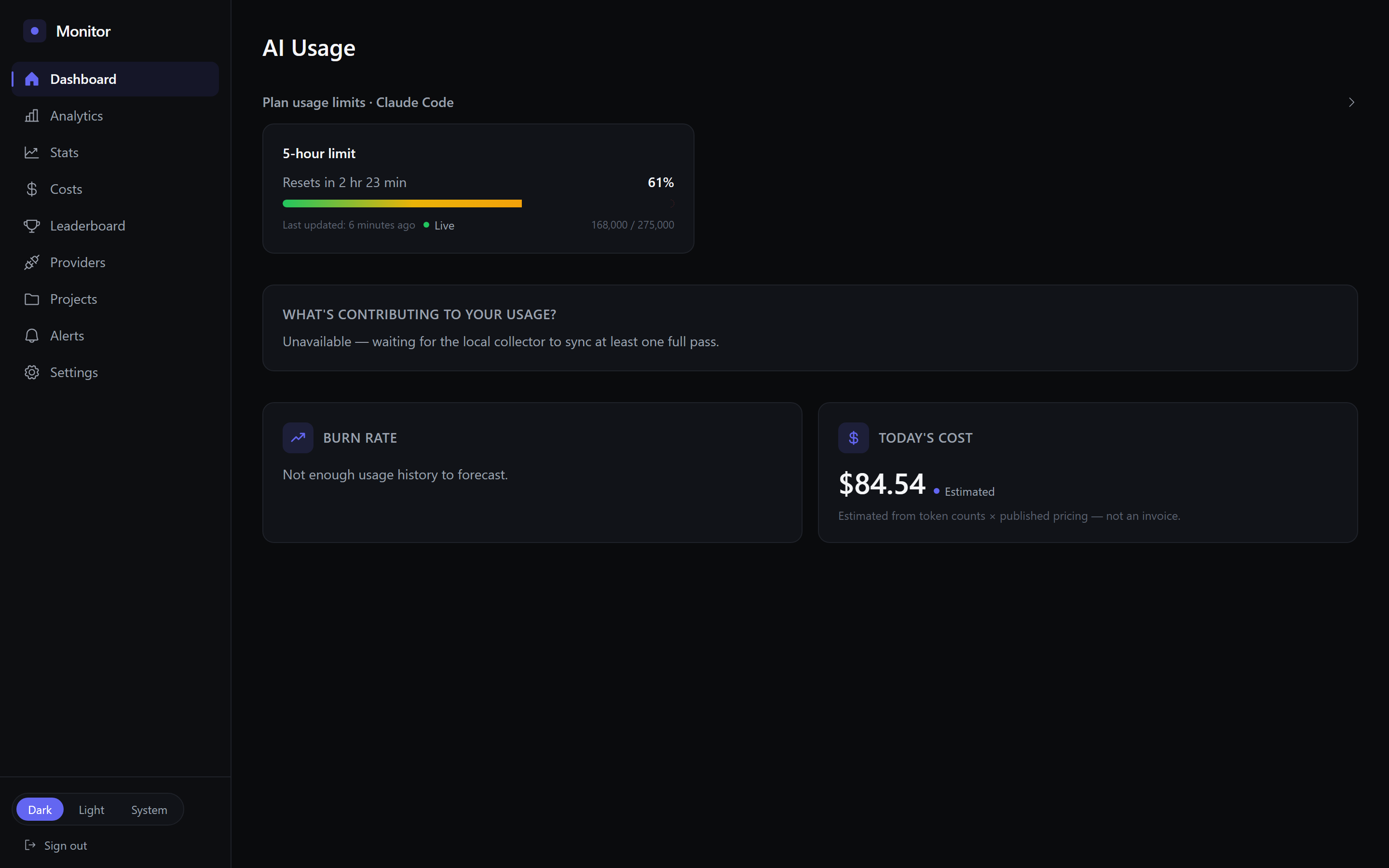 AI Monitor's web dashboard showing the 5-hour usage window, today's cost and burn rate